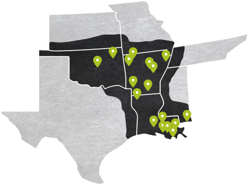 Map of Oklahoma, Arkansas, Texas, Missouri, Tennesse, Mississippi, Louisana, Kansas showing the locations of Hugg & Hall locations.