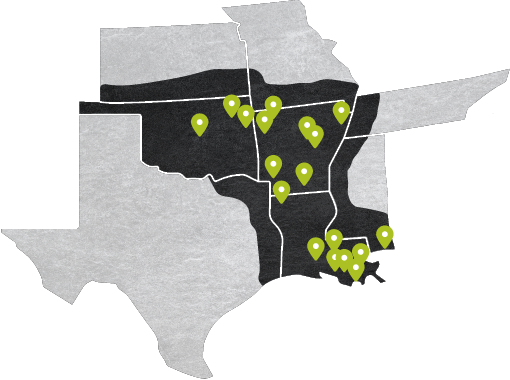 Map of Oklahoma, Arkansas, Texas, Missouri, Tennesse, Mississippi, Louisana, Kansas showing the locations of Hugg & Hall locations.