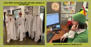 Sarah White dressed up as a ghost and as Buddy the Elf.